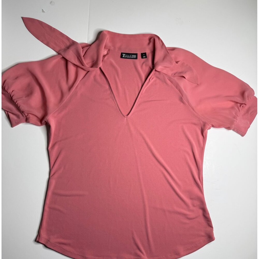 7th Avenue Design Studio Pink V-Neck Raglan Sleeve Top With Tie Collar & Ruched